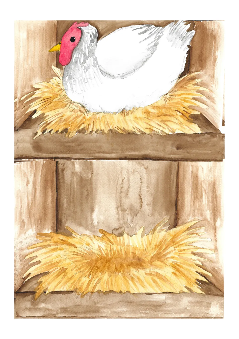 Chicken egg counting scene with a white hen sitting in an upper straw nest and an empty nest below
