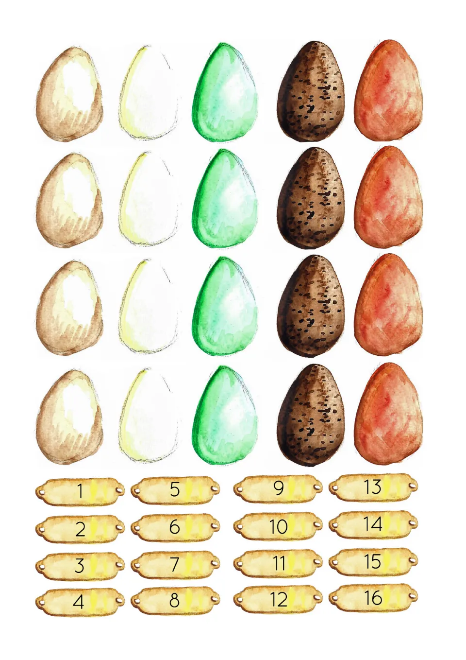 Egg counting pieces: 20 eggs in five colors or patterns, four of each, plus number labels from 1 to 16