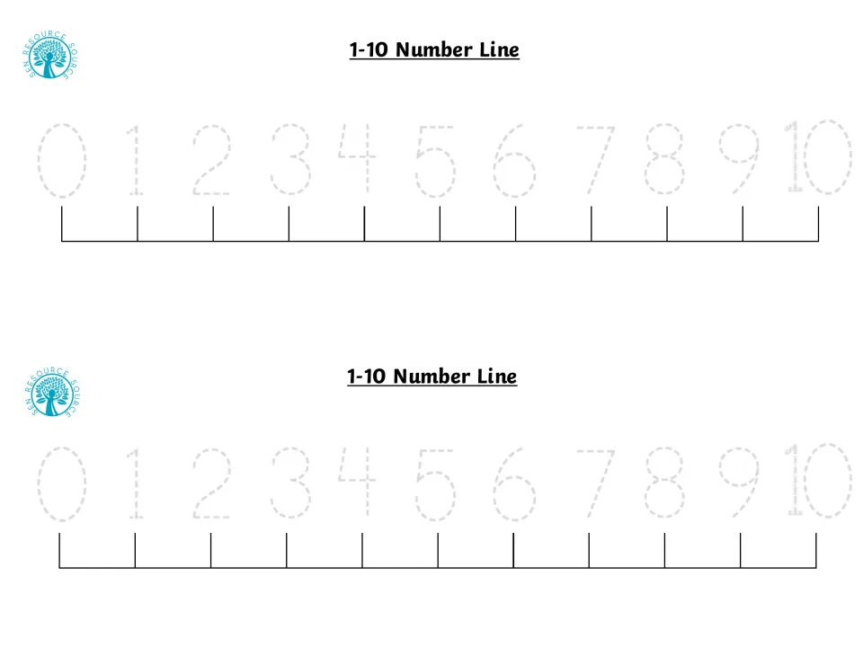 1-10 Number Line tracing strips: dotted numerals 0 to 10 above tick marks for students to trace, two copies per page