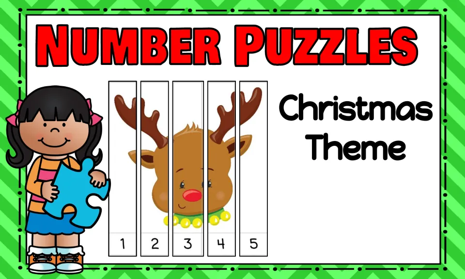 Number Puzzles Christmas Theme cover: a reindeer cut into five strips numbered 1 to 5 and a girl with a puzzle piece