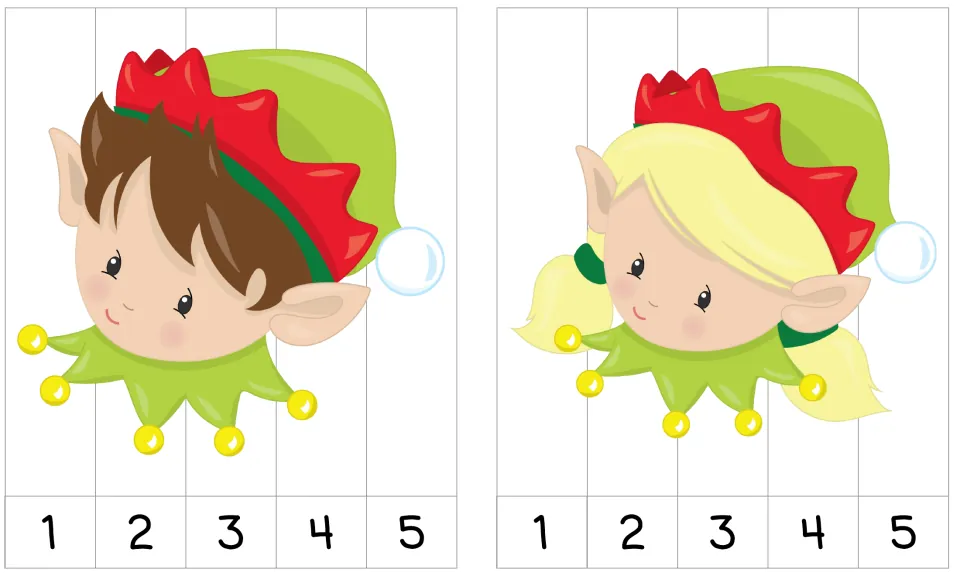 Two elf face puzzles, a boy and a girl, each cut into five strips numbered 1 to 5 for putting numbers in order