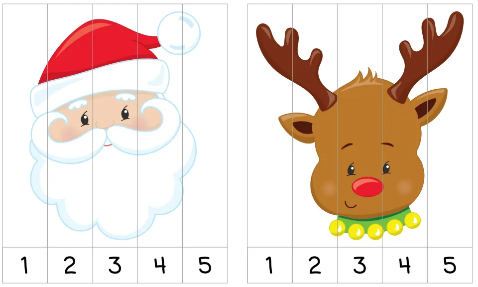 Santa face and red-nosed reindeer puzzles: students line up five strips in 1 to 5 order to rebuild each picture