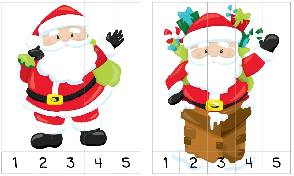 Two Santa puzzles, one waving and one in a chimney with gifts, cut into strips numbered 1 to 5 to sequence in order