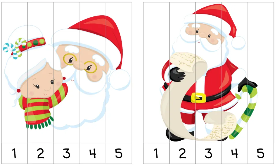 Mrs. Claus with Santa, and Santa reading a long list: two strip puzzles students order by the numbers 1 to 5