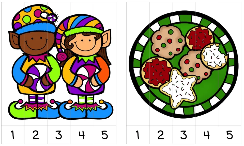 Two elves holding peppermints and a plate of Christmas cookies, each split into strips numbered 1 to 5 to put in order
