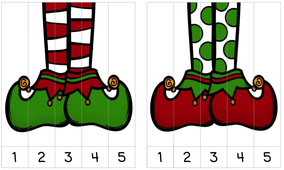Elf feet puzzles, green shoes with striped socks and red shoes with dotted socks, cut into strips numbered 1 to 5 to order