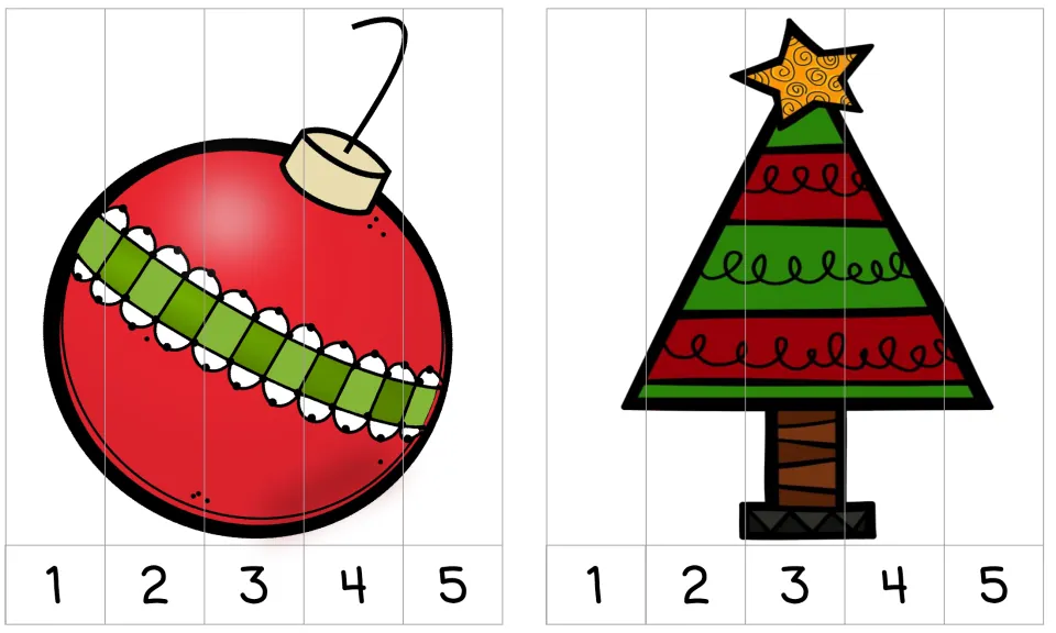 Red ornament and striped Christmas tree puzzles: students arrange five strips by the numbers 1 to 5 to finish each picture