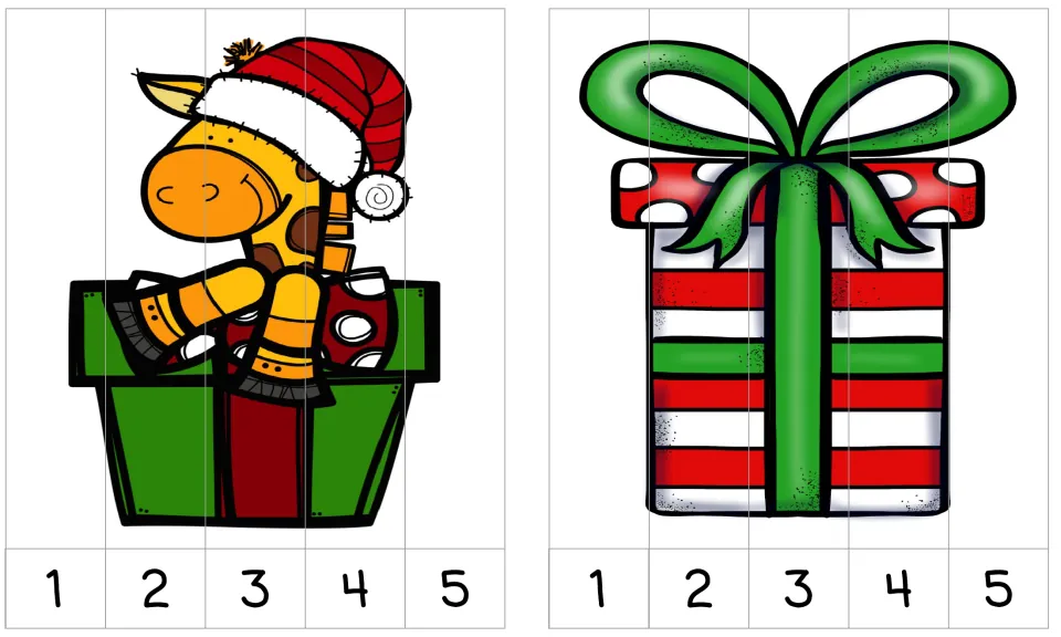 Giraffe in a Santa hat inside a gift box and a wrapped present, two strip puzzles students order from 1 to 5