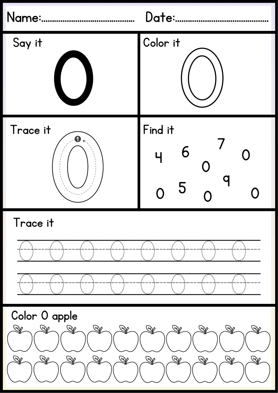 Number 0 practice: students say, color and trace 0, find each 0 among mixed digits, trace two rows and color 0 apples