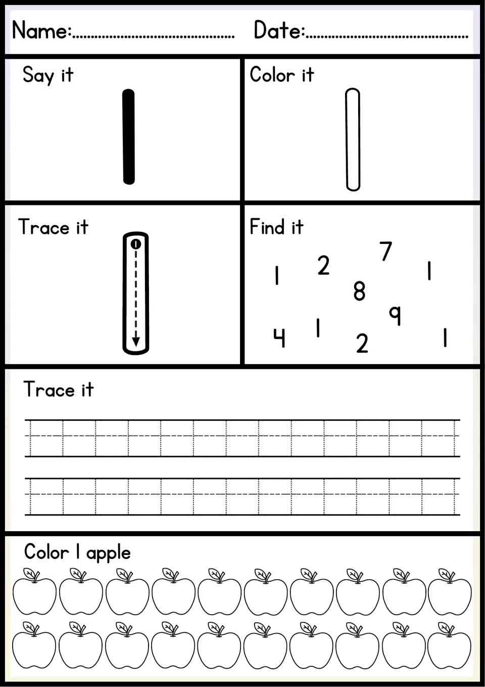 Number 1: say and color a big 1, trace it from the start dot, circle the 1s hidden among other digits, color 1 apple