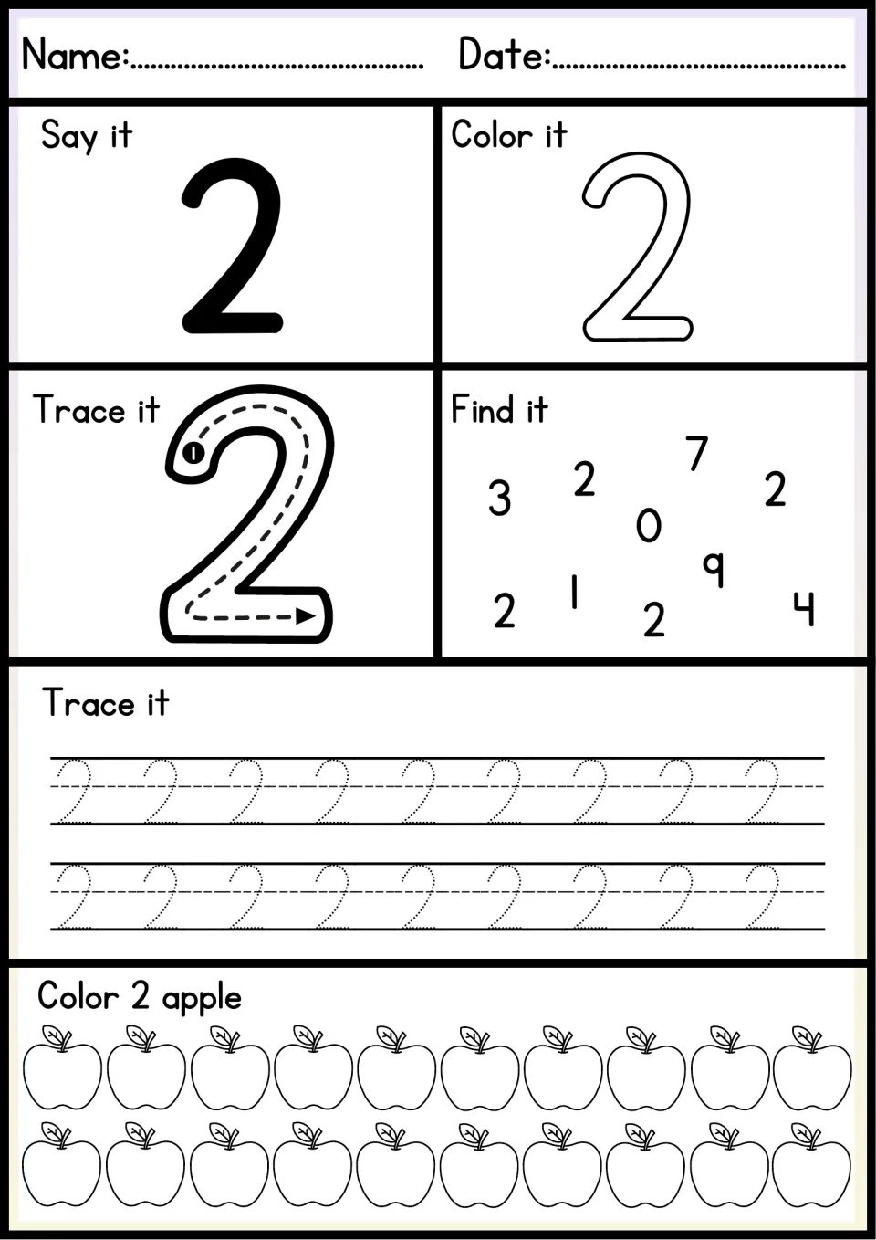 Number 2 practice: trace 2 following the arrow, find the 2s among scattered digits, write two rows and color 2 apples