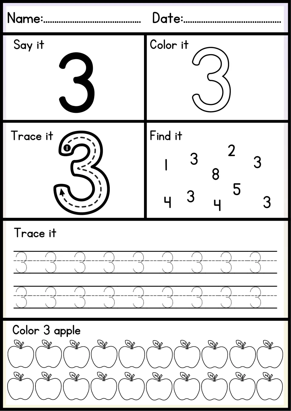 Number 3: students say it, color the outline, trace 3 with arrow guides, spot each 3 in the mix and color three apples