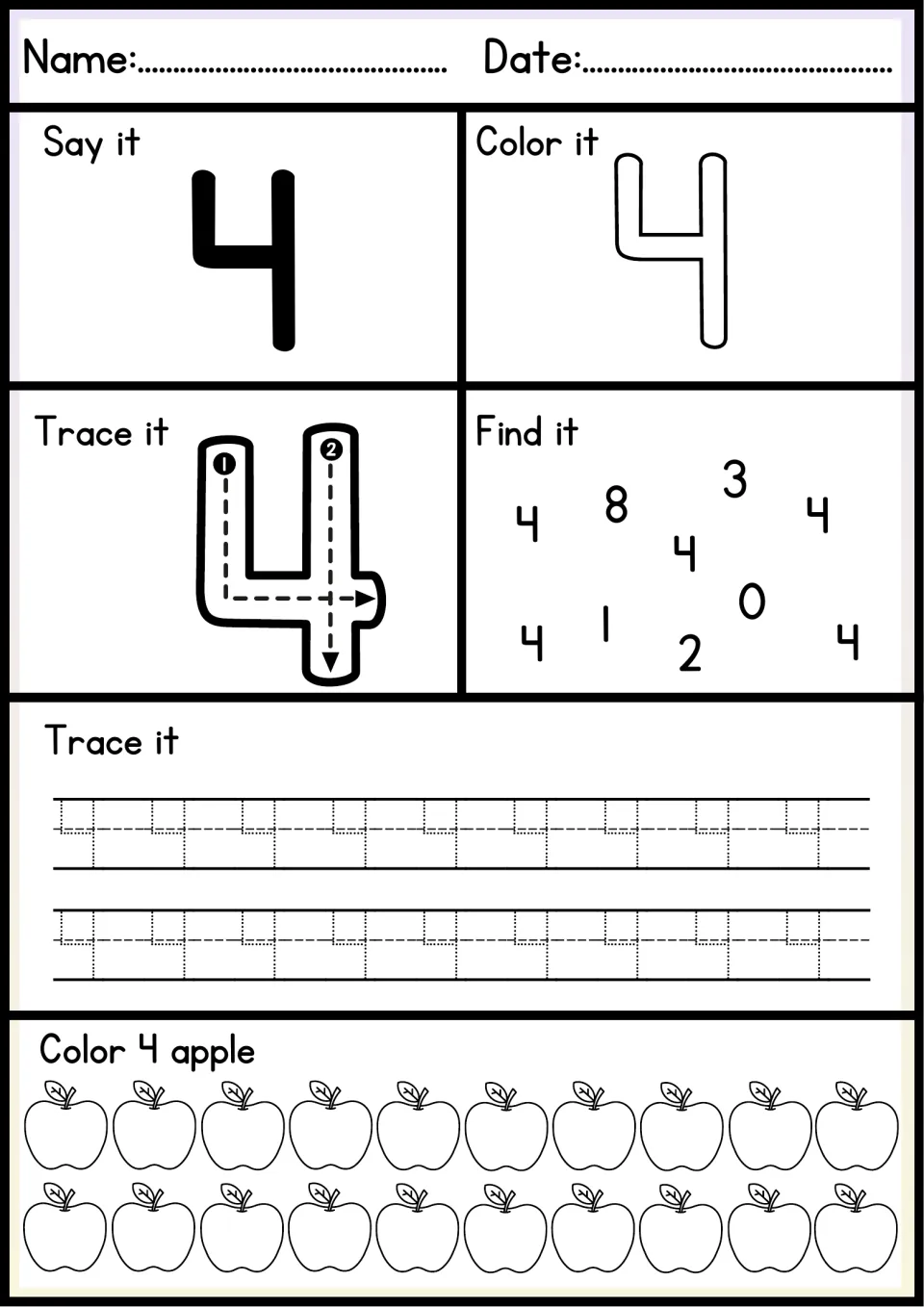 Number 4 formation: trace both strokes of 4 in order, locate the 4s among other digits, then color 4 of the 20 apples