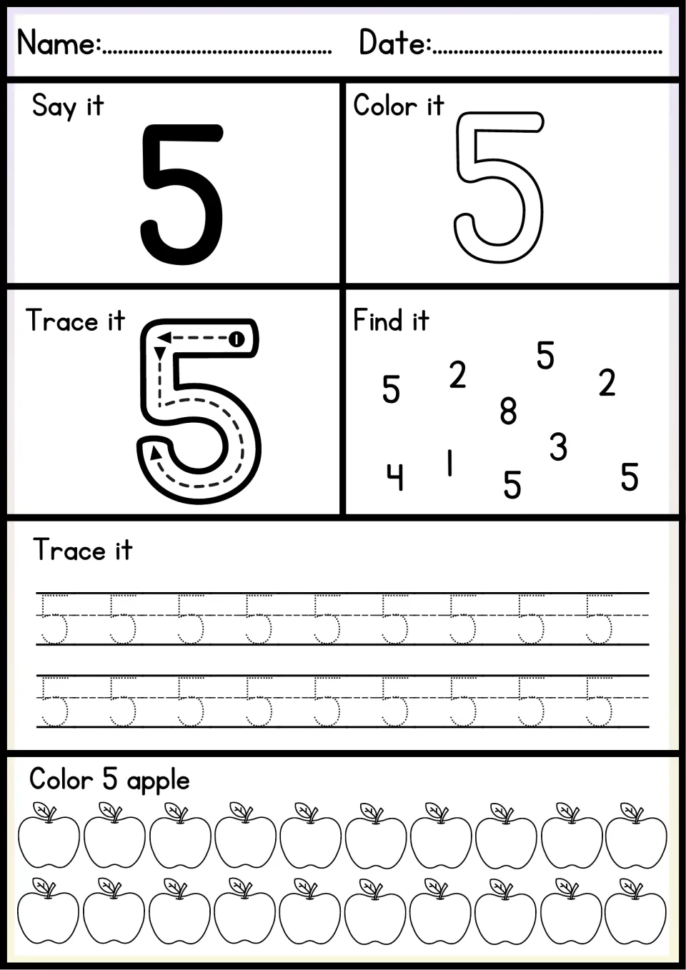 Number 5 practice: say and color 5, trace its top bar first, find the 5s mixed with 2, 8 and 3, and color five apples