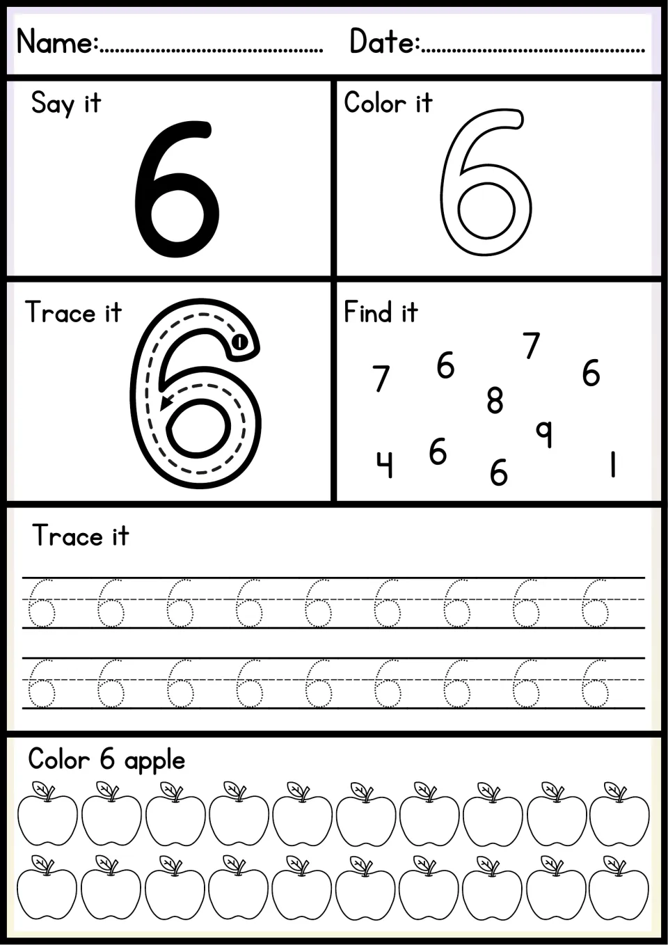 Number 6: trace a curved 6 from the starting dot, pick out the 6s from 7, 8 and 9, write two rows and color 6 apples
