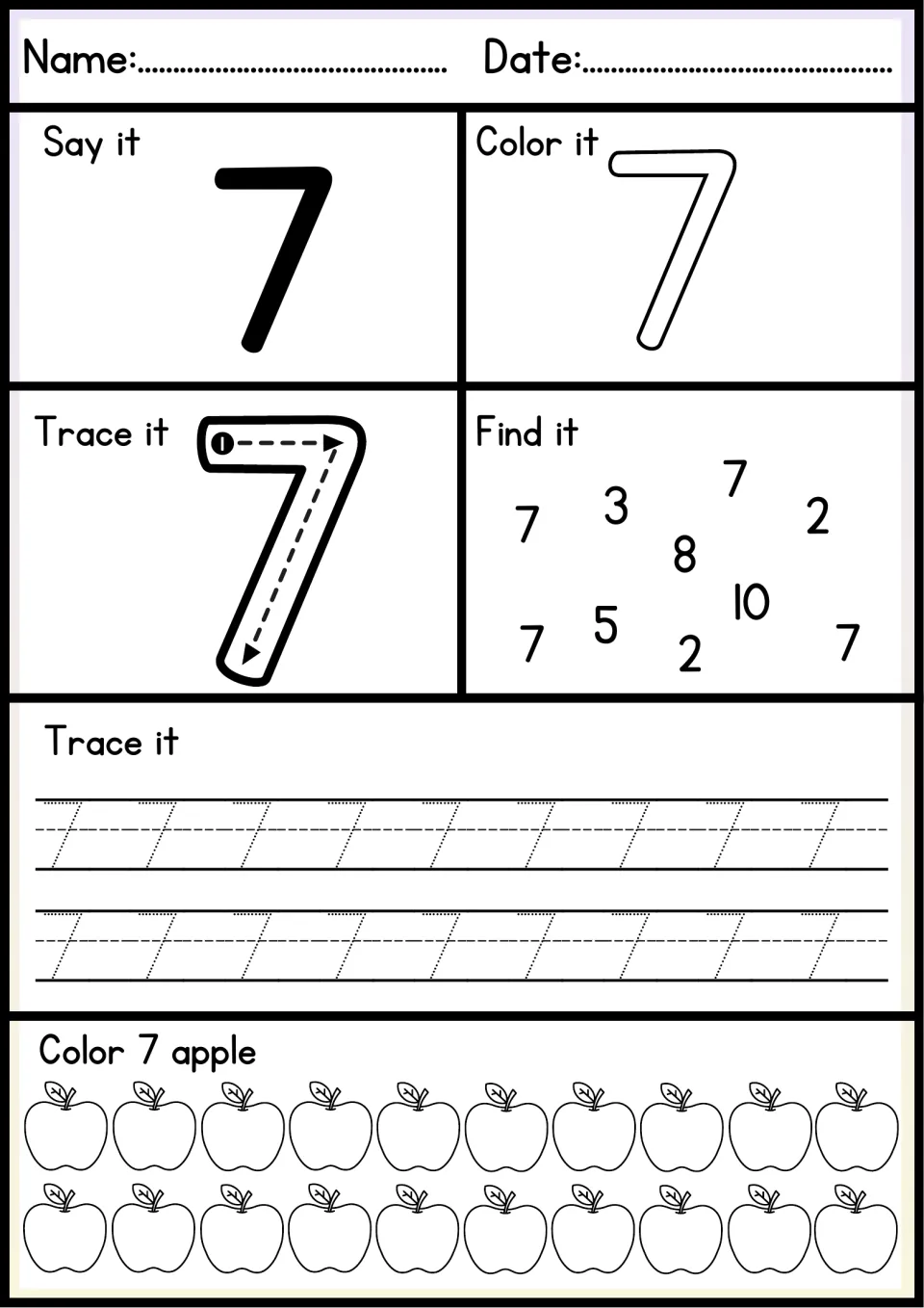 Number 7 practice: color a hollow 7, trace it across then down, find the 7s among digits including 10, color 7 apples