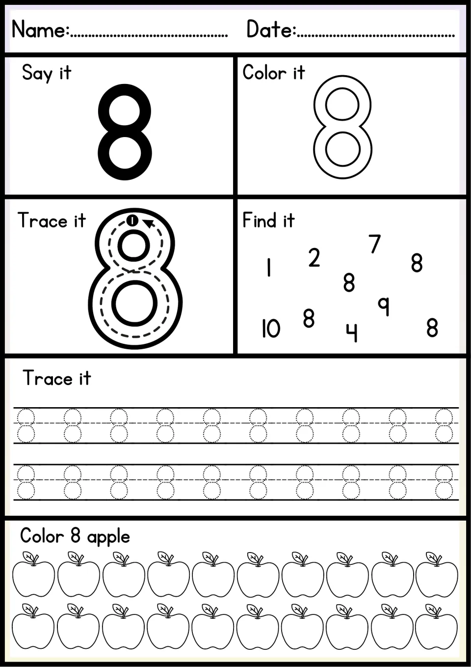 Number 8: trace 8 in one continuous path, circle the 8s among 1, 2, 4, 9 and 10, trace two rows and color eight apples
