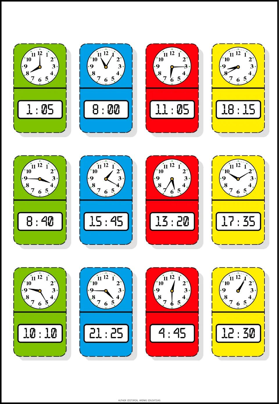 Time domino sheet containing all 12 pieces, each pairing an analog clock with a digital time such as 15:45.