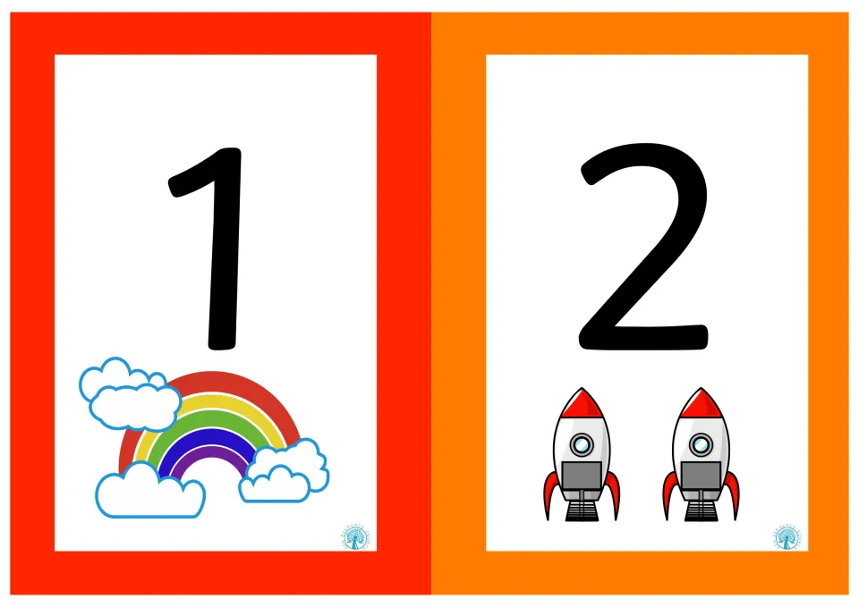Number flash cards for 1 and 2: a large numeral 1 with one rainbow and a numeral 2 with two rockets for counting