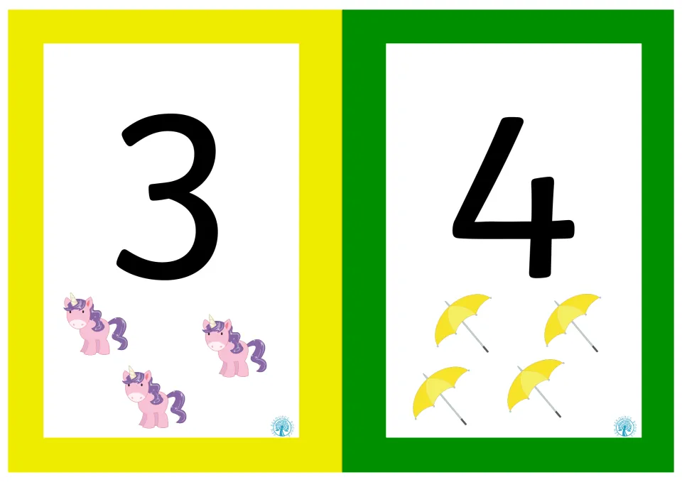 Counting cards for 3 and 4: numeral 3 shown with three pink unicorns and numeral 4 with four yellow umbrellas