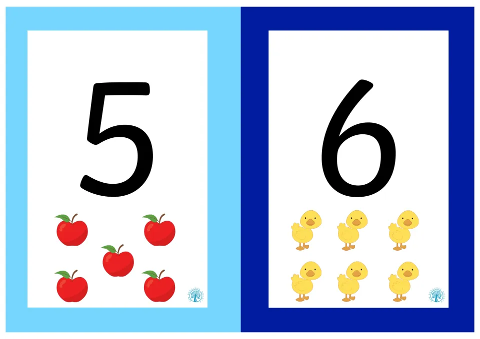 Number cards for 5 and 6: numeral 5 with five red apples and numeral 6 with six yellow ducklings to count one by one