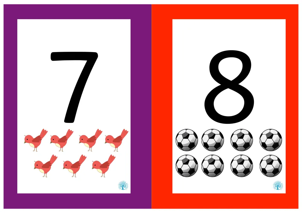Numeral cards for 7 and 8: seven red birds below the 7 and eight soccer balls below the 8 for counting and recognition
