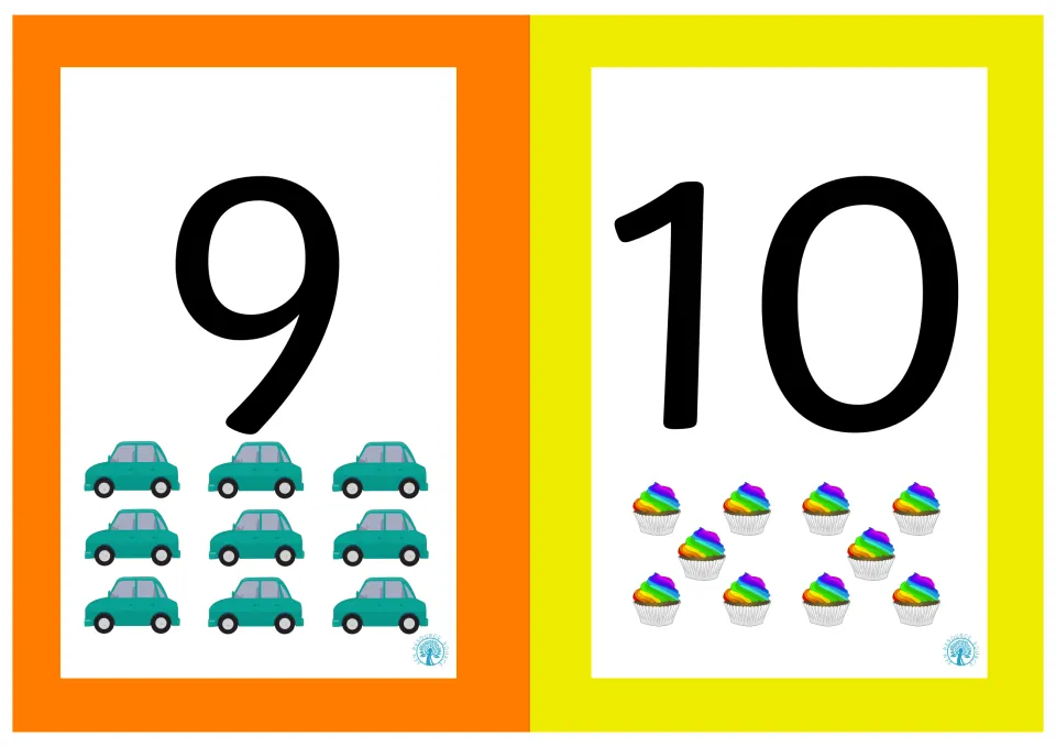 Cards for 9 and 10: numeral 9 with nine teal cars and numeral 10 with ten rainbow cupcakes for counting to ten