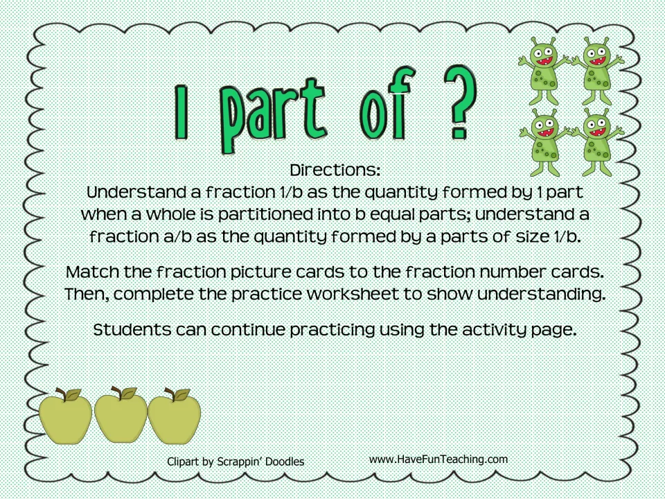 1 Part of ? directions: students match fraction picture cards to number cards, then do a practice sheet on unit fractions