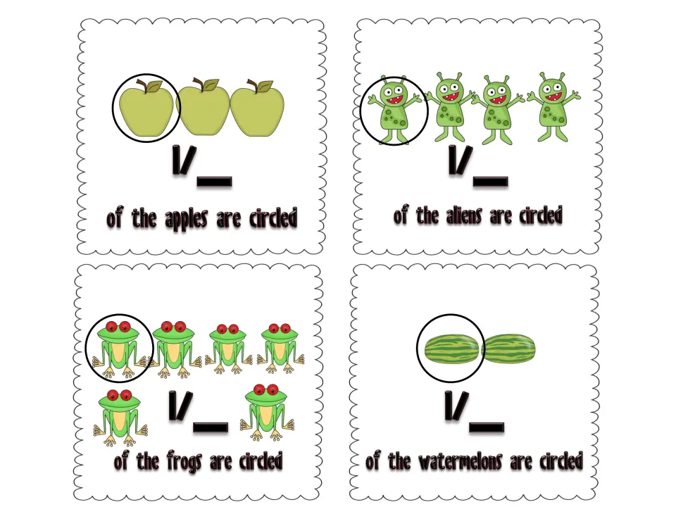 Unit fraction picture cards: one apple, alien, frog or watermelon is circled and students fill in 1/_ for the set size