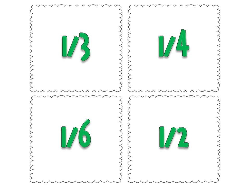 Fraction number cards showing 1/3, 1/4, 1/6 and 1/2 for students to match to the circled-item picture cards