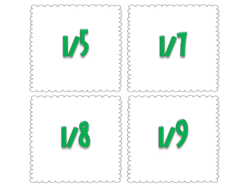 More fraction number cards showing 1/5, 1/7, 1/8 and 1/9 to match with the remaining unit fraction picture cards