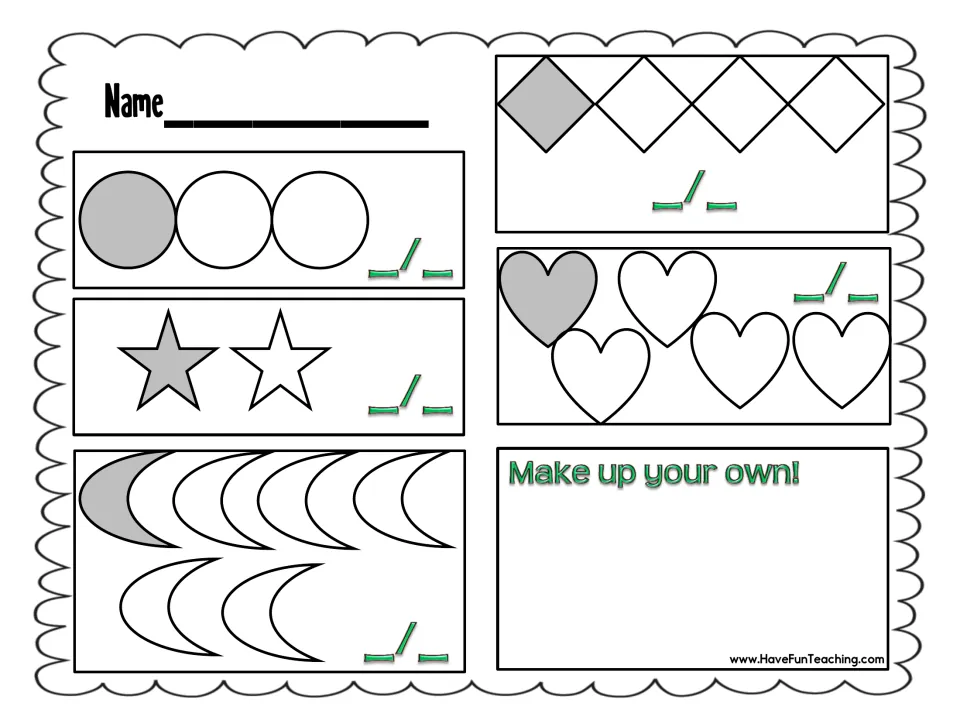 Unit fractions practice: students write the fraction for one shaded circle, star, moon, diamond or heart, then make one up