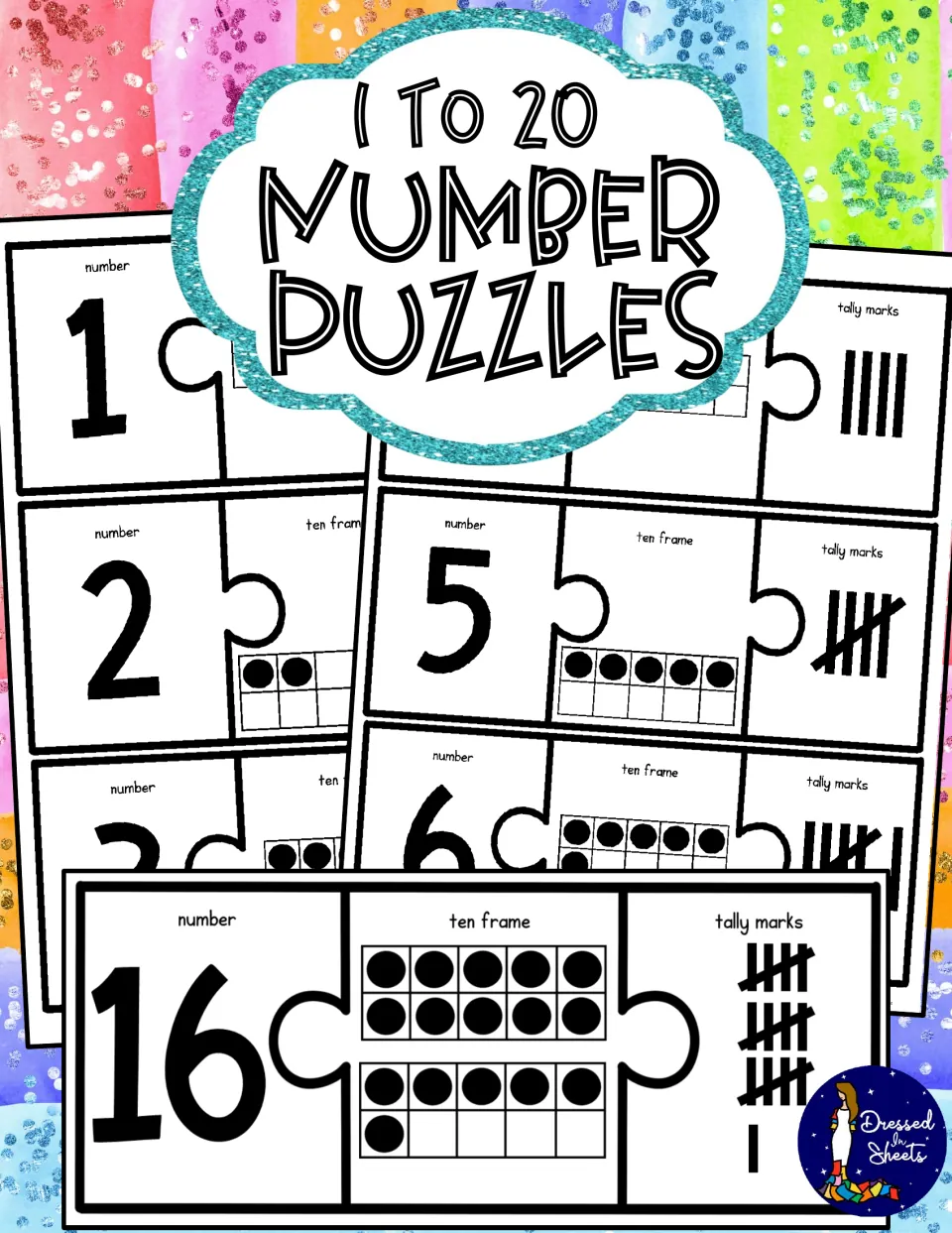 1 to 20 Number Puzzles cover: three-piece puzzles matching a numeral, a ten frame and tally marks, shown for 16