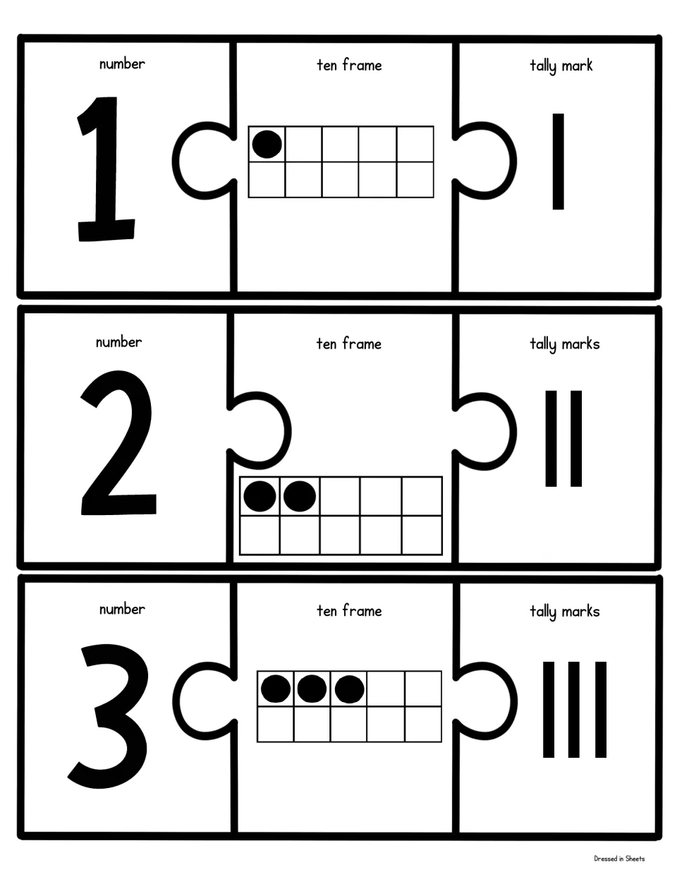 Numbers 1 to 3: students cut apart and join puzzle pieces matching each numeral to its ten frame dots and tally marks