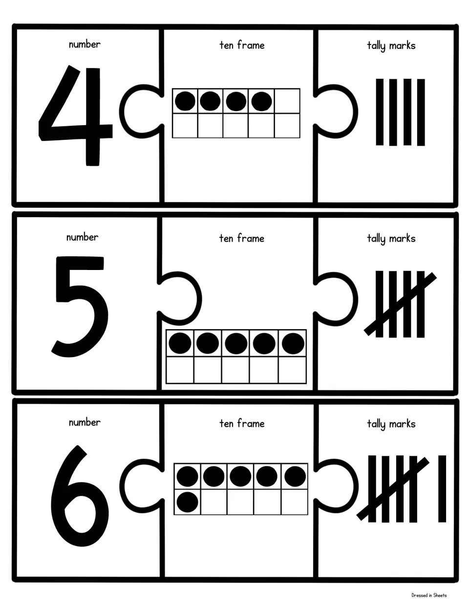 Numbers 4 to 6 puzzle pieces: match each numeral to a ten frame with 4, 5 or 6 dots and tallies including a bundle of five