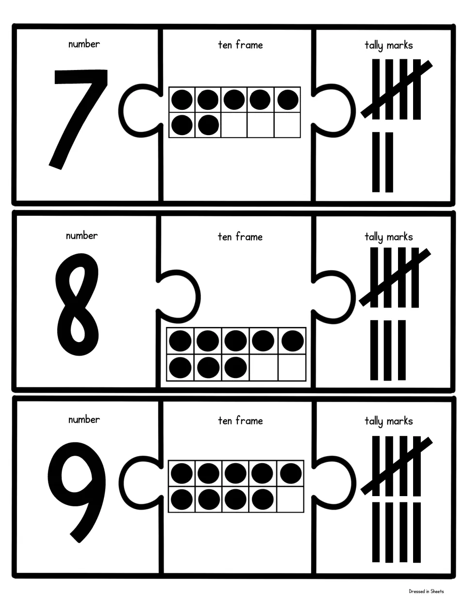 Numbers 7 to 9: students match each numeral to a ten frame of dots and to a bundle of five tallies plus 2, 3 or 4 more