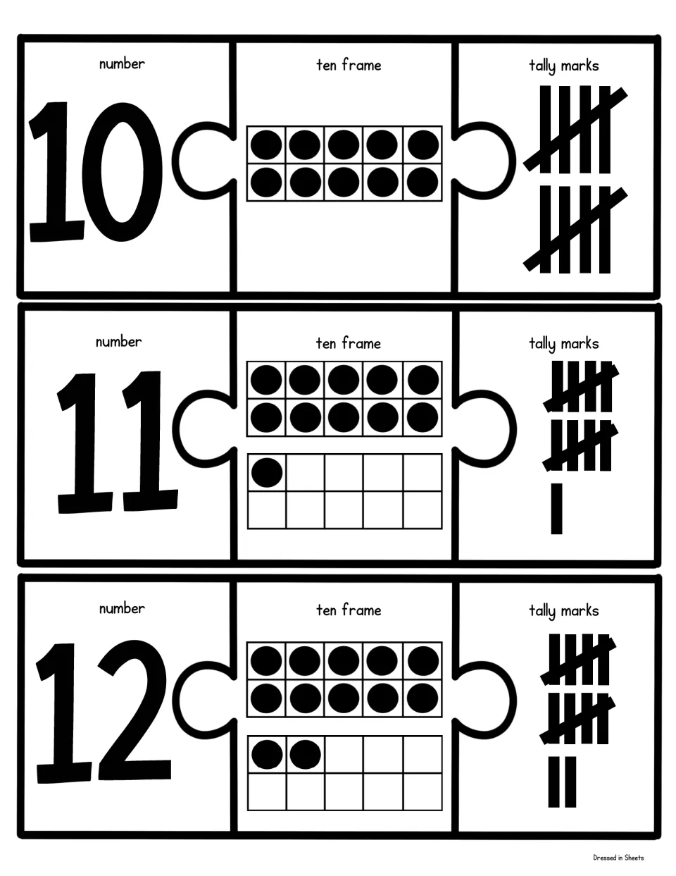 Numbers 10 to 12: match each numeral to a full ten frame plus 0, 1 or 2 extra dots and to two tally bundles plus extras