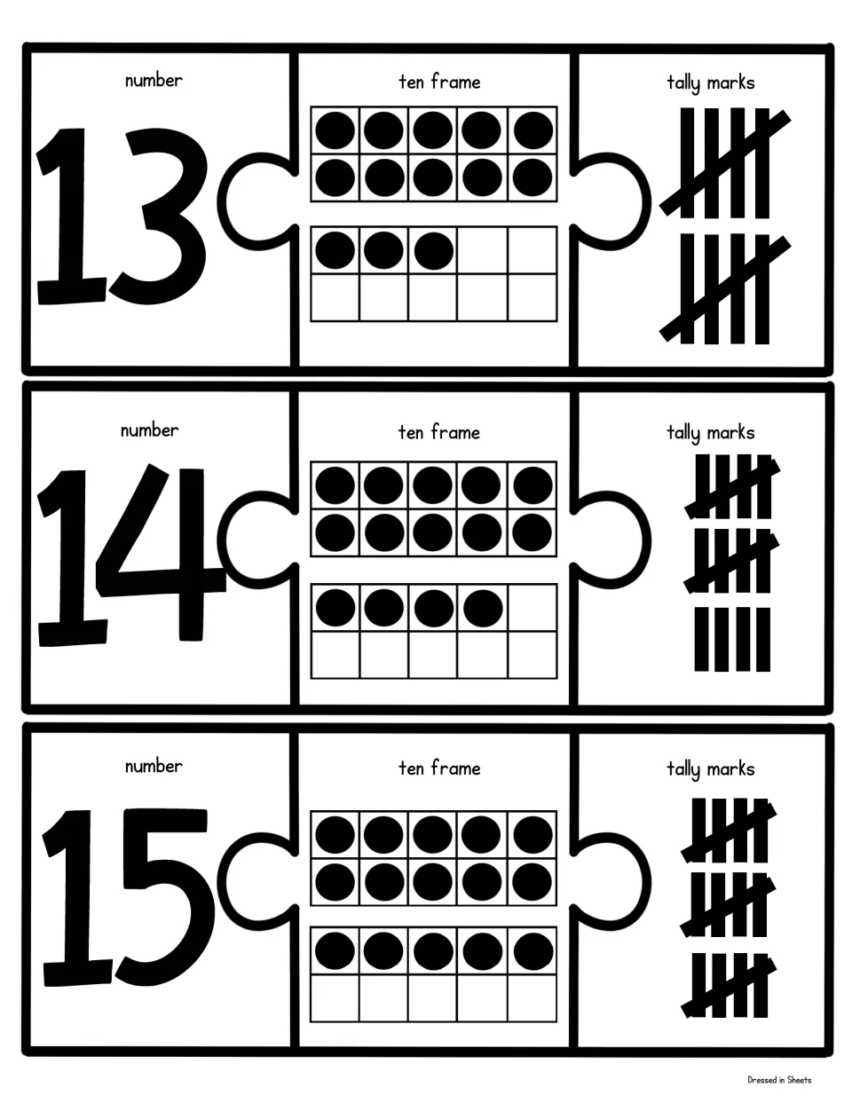 Teen numbers 13 to 15: students pair each numeral with a full ten frame and 3, 4 or 5 dots, and with matching tally marks
