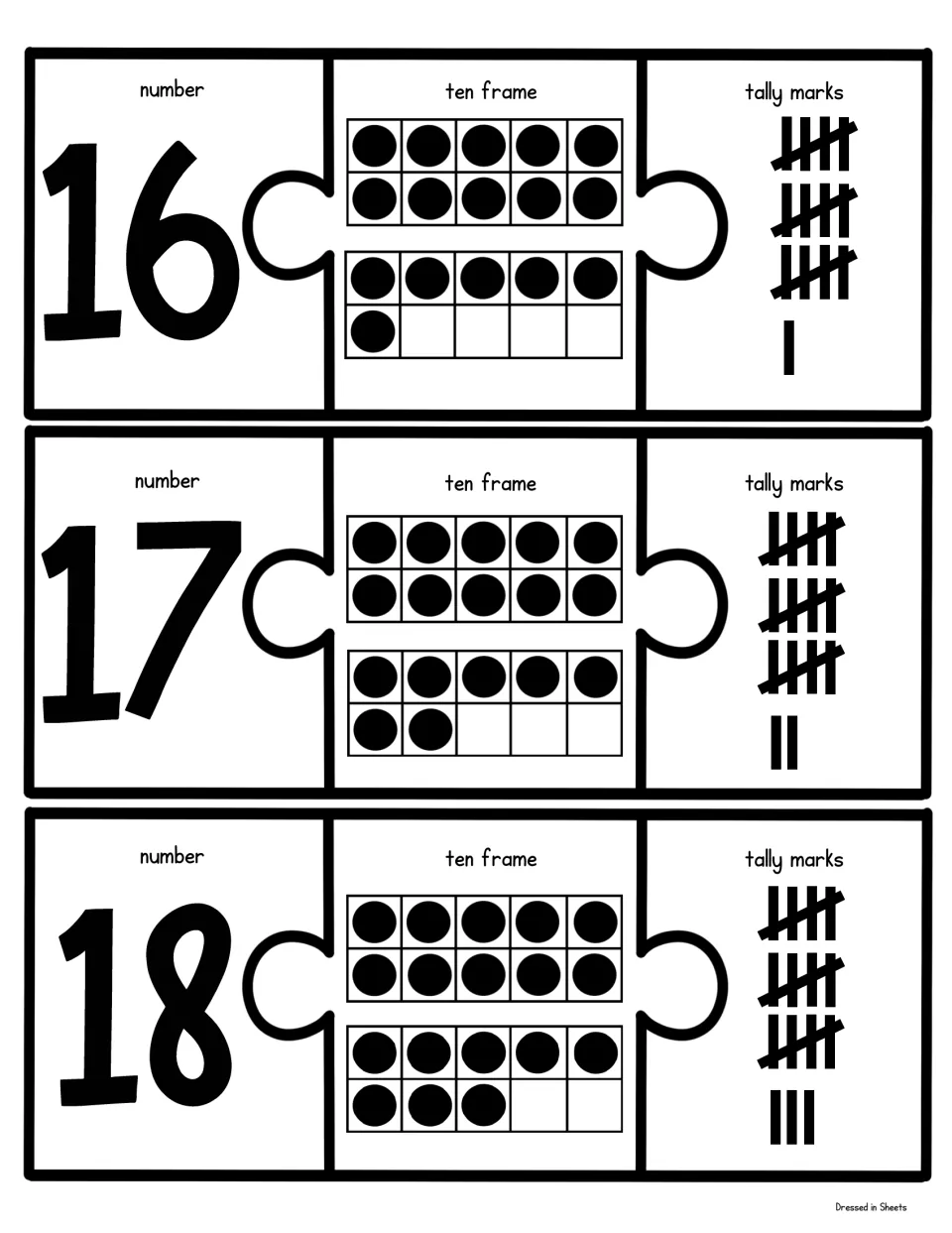 Teen numbers 16 to 18: match each numeral to ten frames showing ten and 6, 7 or 8 more, and three tally bundles plus extras