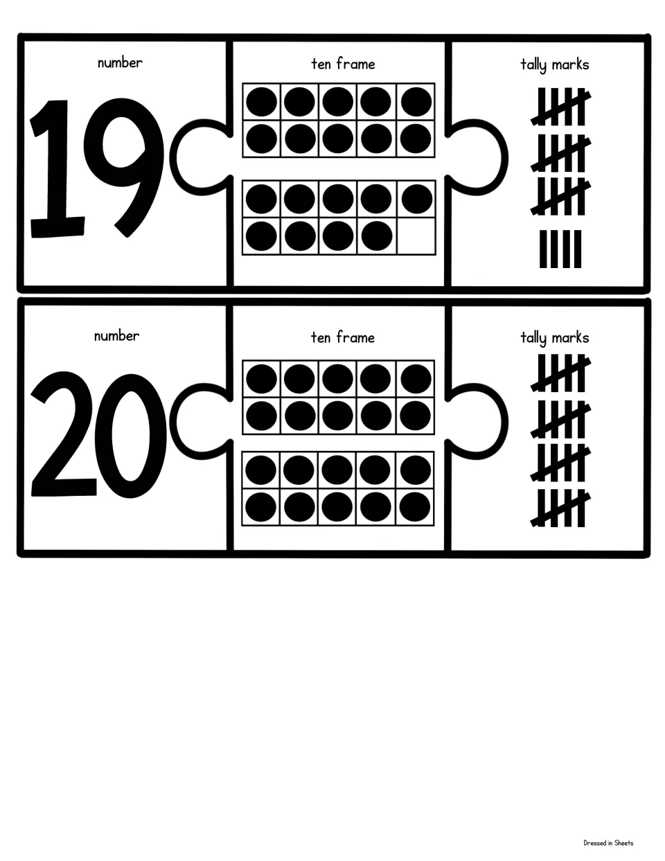 Numbers 19 and 20: students join each numeral with its two ten frames of dots and its tally marks, ending with four bundles