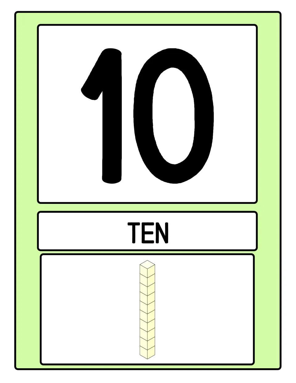 Number poster 1 of 10: numeral 10, the word TEN, and one base-ten rod representing a single group of ten.