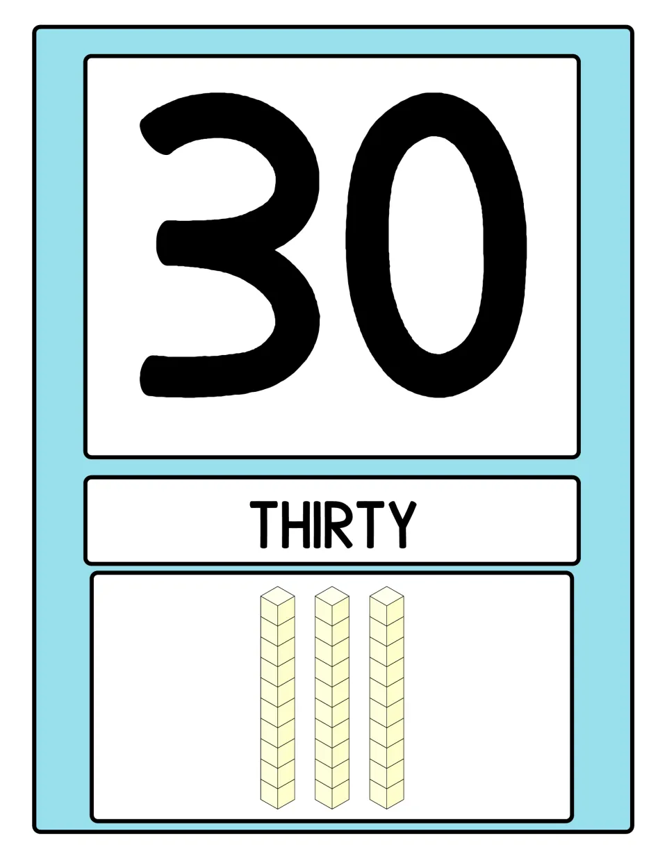 Number poster 3 of 10: numeral 30, the word THIRTY, and three base-ten rods representing three groups of ten.