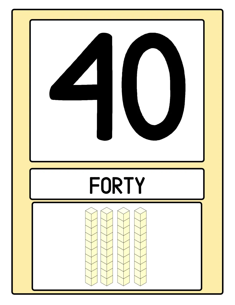 Number poster 4 of 10: numeral 40, the word FORTY, and four base-ten rods representing four groups of ten.
