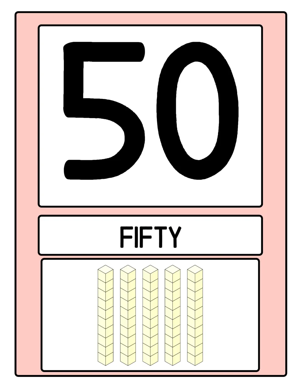 Number poster 5 of 10: numeral 50, the word FIFTY, and five base-ten rods representing five groups of ten.