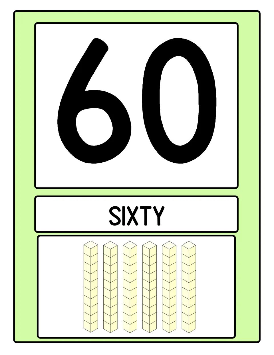 Number poster 6 of 10: numeral 60, the word SIXTY, and six base-ten rods representing six groups of ten.