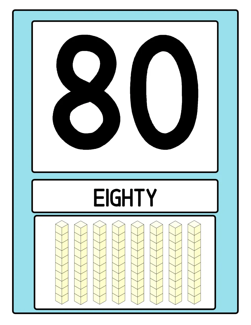 Number poster 8 of 10: numeral 80, the word EIGHTY, and eight base-ten rods representing eight groups of ten.