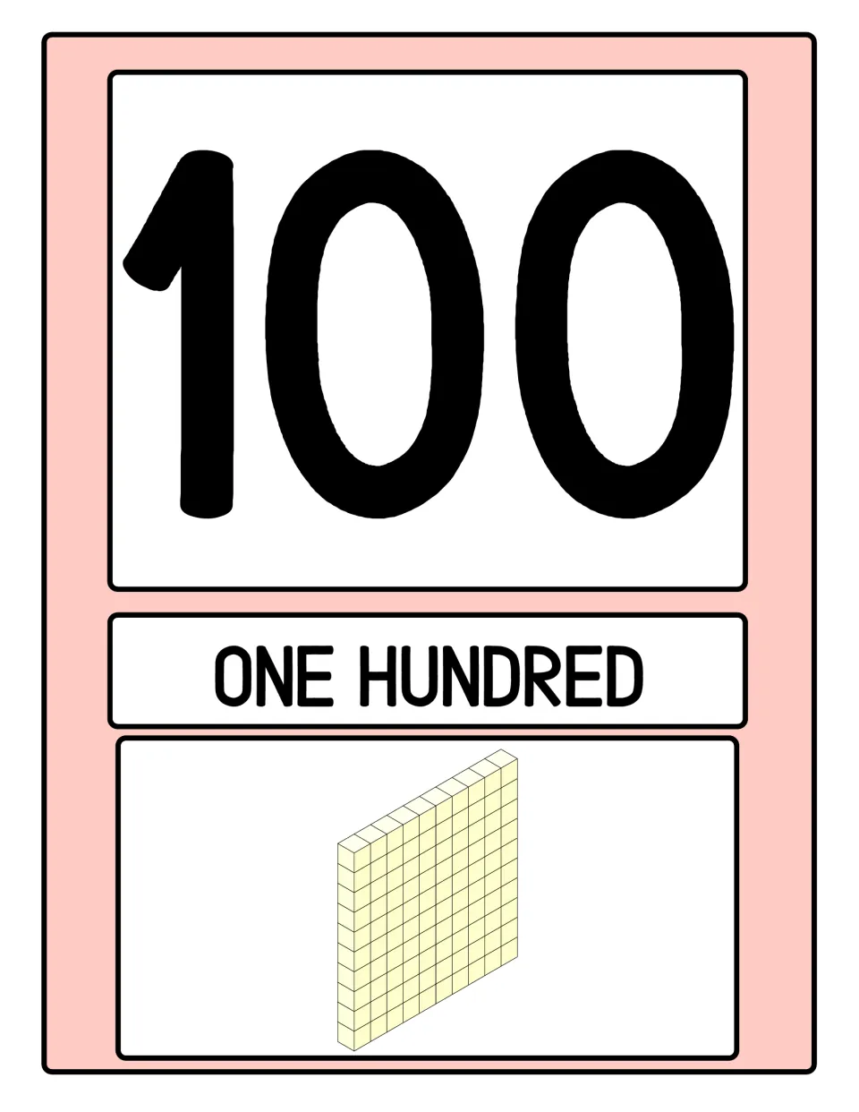 Number poster 10 of 10: numeral 100, the words ONE HUNDRED, and a base-ten hundred flat representing 100.