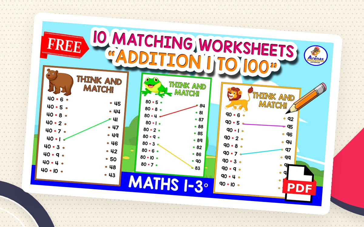 10 ADDITION MATCHING WORKSHEETS | Addition 1 to 100 preview: Title/cover page
