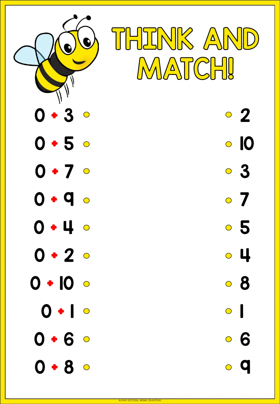 Think and Match! adding zero: students connect 10 sums like 0 + 3 and 0 + 10 to their answers, listed out of order 1 to 10
