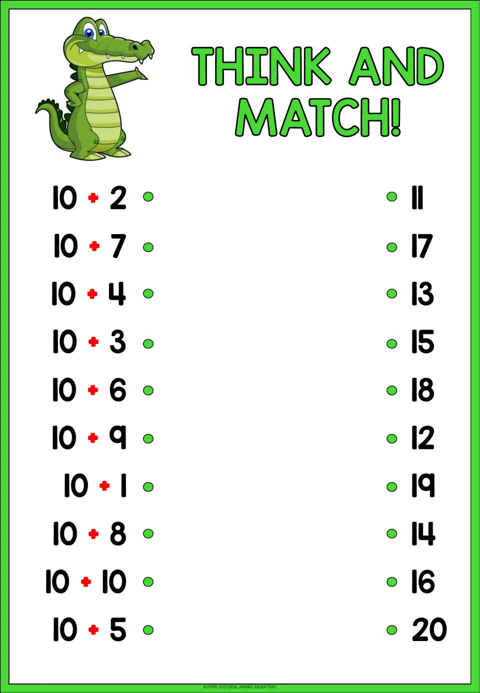 Think and Match! adding to 10: students connect each sum from 10 + 1 to 10 + 10 with its answer among 11 to 20